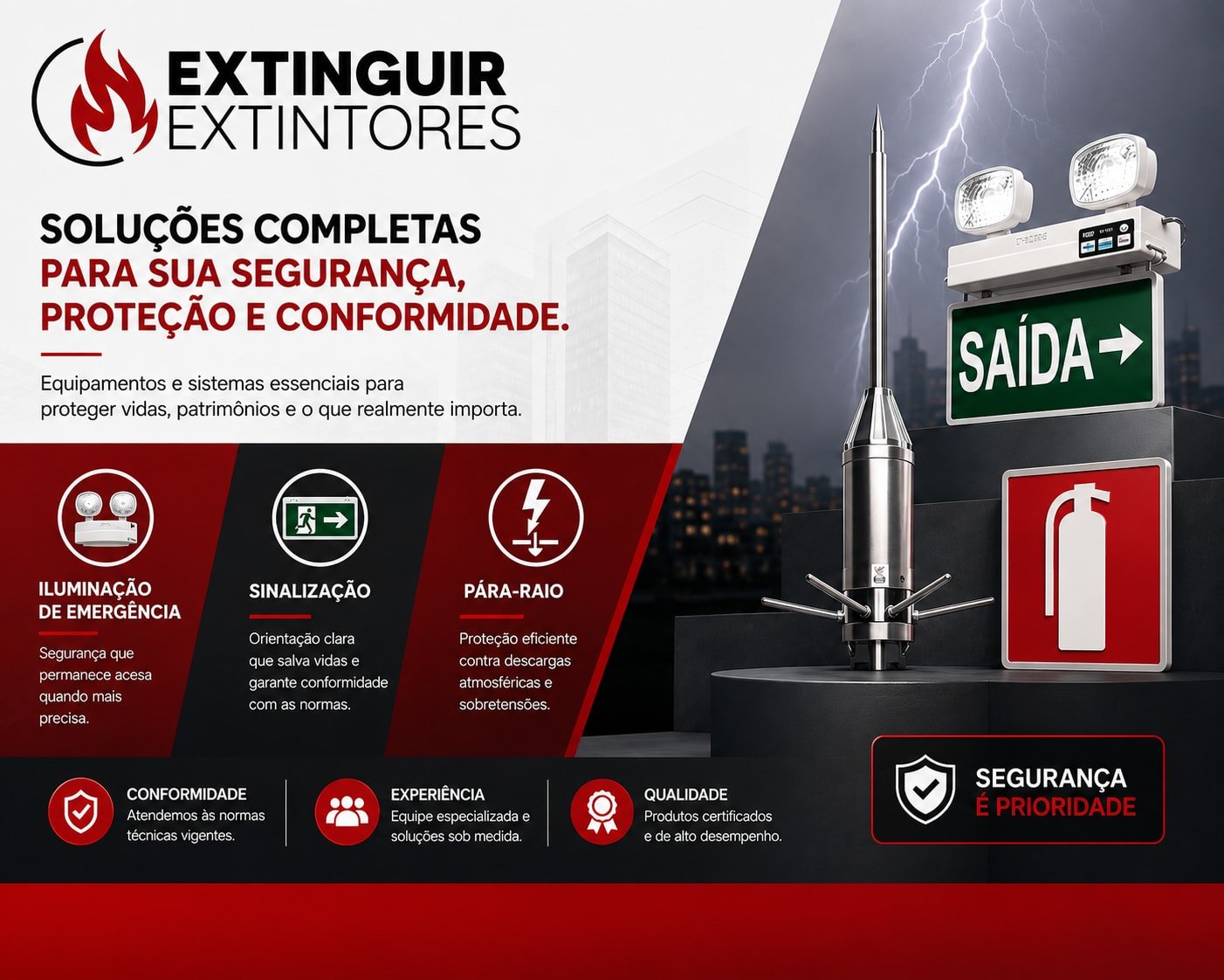 Iluminação de emergência, sinalização e pára-raio
