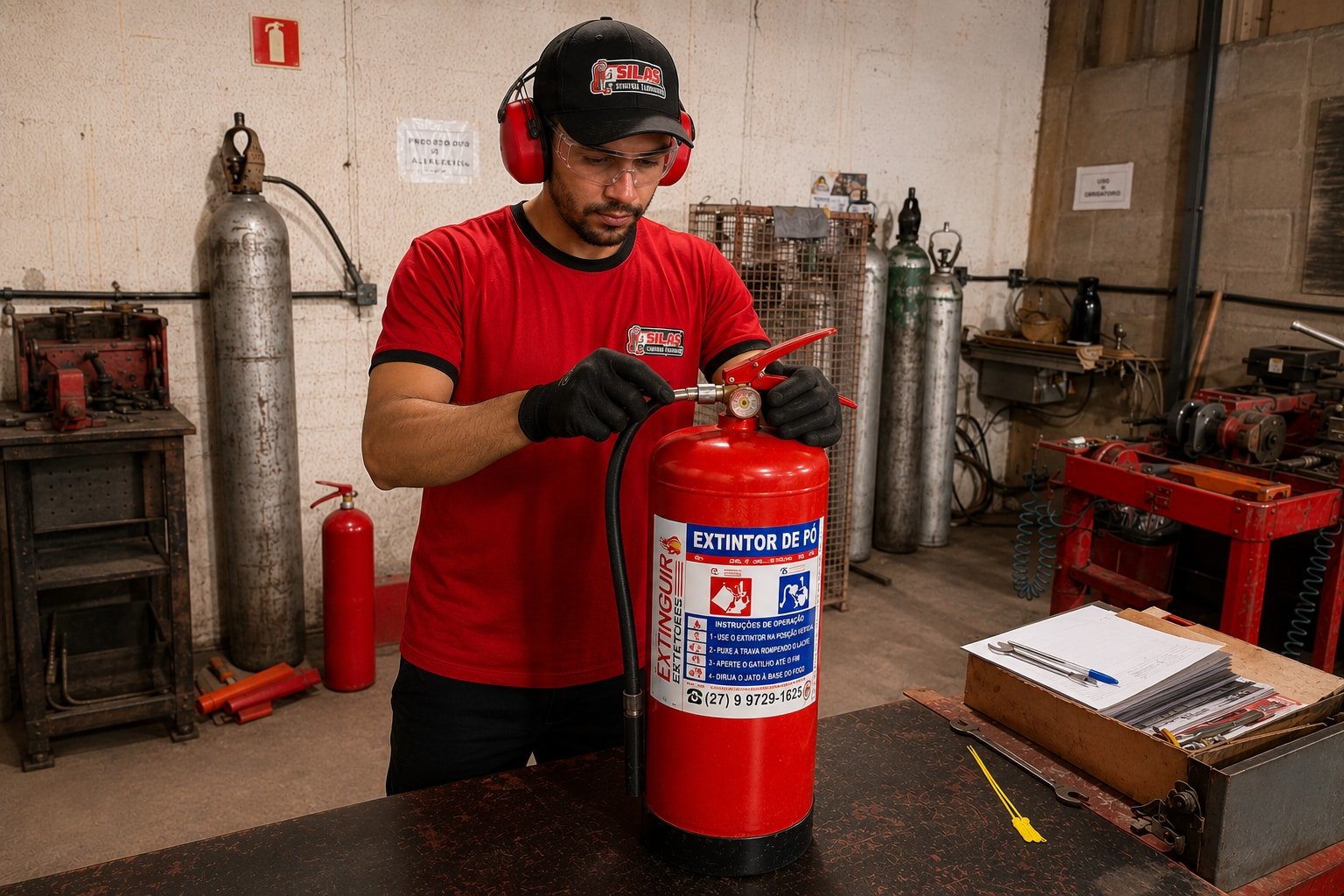 Técnico da Extinguir Extintores realizando recarga de extintor